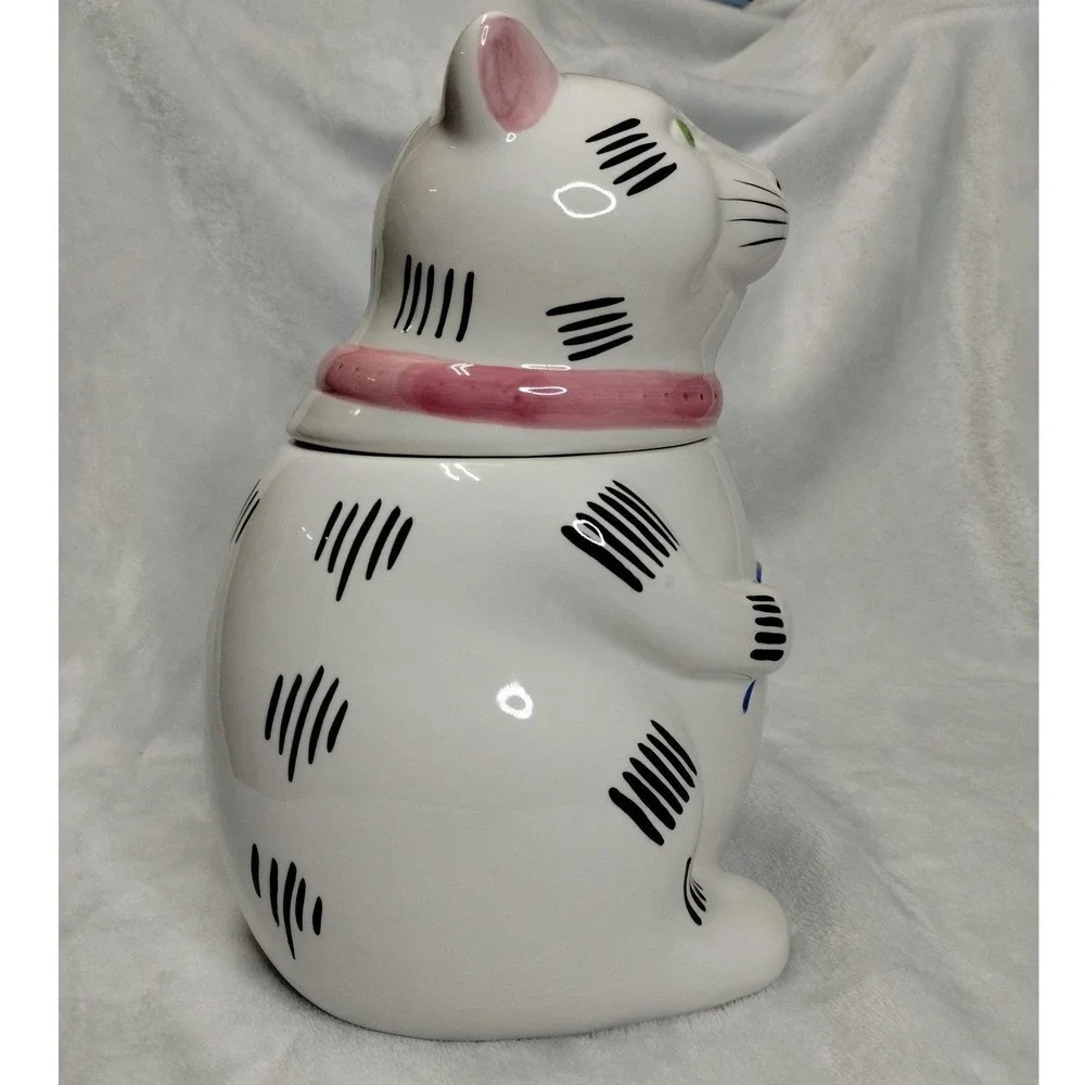 Vintage Ceramic Cat Cookie Jar‎ Taiwan White Cat w Mouse Yarn 1980s